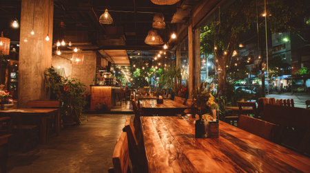 This image showcases a cozy restaurant interior featuring wooden tables and warm lighting that creates an inviting atmosphere in an urban setting.の素材