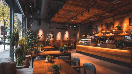 A cozy modern coffee shop interior featuring warm wooden accents, ambient lighting, and lush plants, creating an inviting atmosphere for relaxation and socializing.の素材