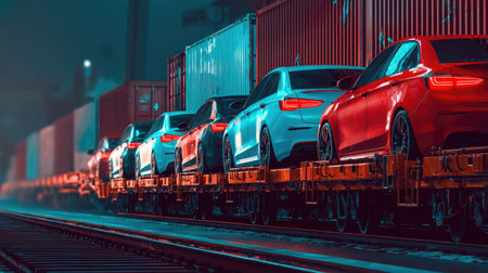 A cargo train loaded with brand new cars sits on rail tracks beside shipping containers. The industrial scene showcases modern logistics and transport.の素材