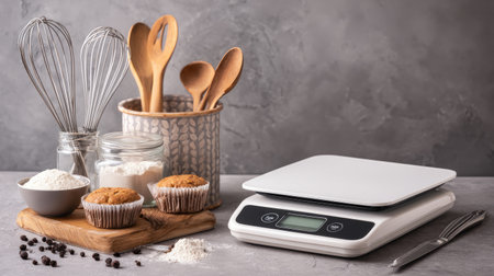 A beautifully arranged kitchen scene featuring a digital scale, baking ingredients, and freshly baked muffins, ideal for home baking enthusiasts.の素材