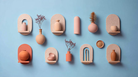 This image features a stylish arrangement of vases and decorative items displayed on shelves against a soft blue backdrop, embodying modern minimalism.の素材
