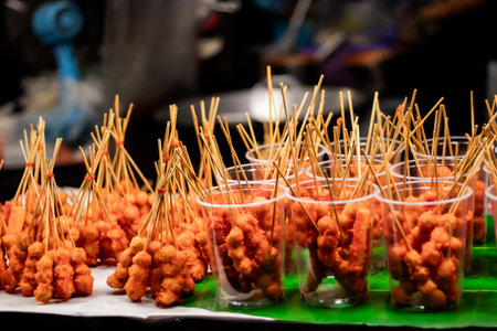 BBQ Grilled squid with meatballs at the city street marketの写真素材