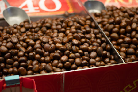 Coffee beans in a box at a market in the city