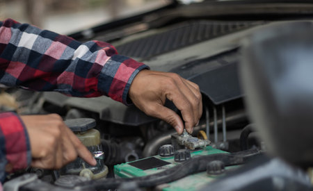 Auto mechanic checking oil level in a car engine. Close up of male hands checking the oil level.の写真素材