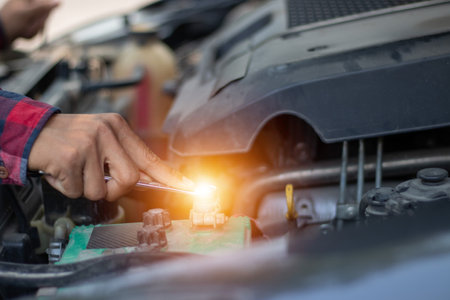 Auto mechanic working in auto repair service. Closeup of car mechanic hands repairing a car.の写真素材