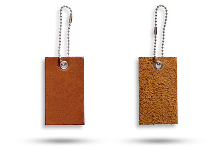 Leather label of product price and stainless steel ball chain on isolate white background with clipping path.の写真素材