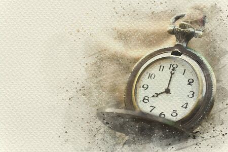 Pocket watch tied with hemp rope on wooden table. Digital watercolor painting effect. Copy space for text.の写真素材