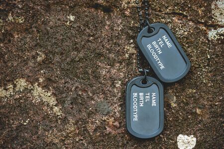 Military tag hanged on the rock on the rock background in forest. Concept of soldier sacrifice and armistice. Closeup and copy space.の写真素材