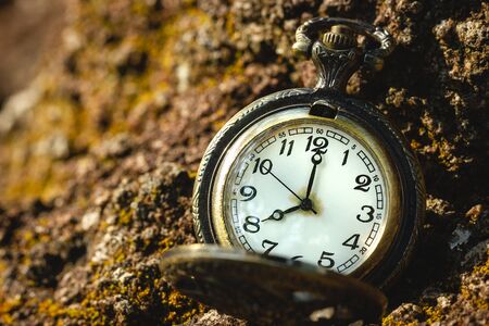 Vintage old pocket watch placed on the rock in forest and morning sunlight. At 8 oâ€™clock....