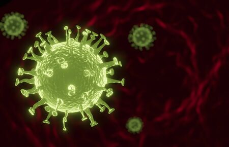 Coronavirus cell inside human body. COVID-19 cell in microscope view. Realistic 3D rendering. Virus simulation model in respiratory infections. Concept of healthy care.の写真素材