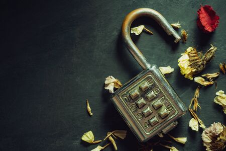 Combination padlock on blackboard background. Top view and copy space. Concept of safety and secret in vintage style.の写真素材