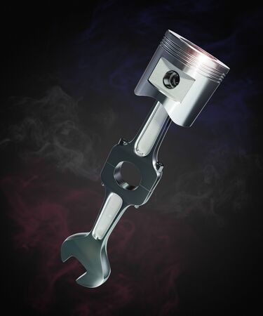 Piston and wrench made of aluminum with chrome color in dark and smoke.Isolate and clipping path. Concept of service maintenance and improvement engine of motorcycle and car. 3D illustrator rendering.の写真素材