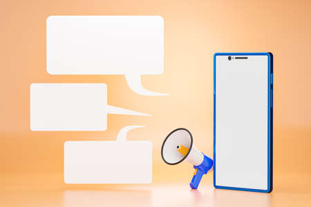 Blue cell phone and blank chat boxes in front of the megaphone on orange background. The concept of...