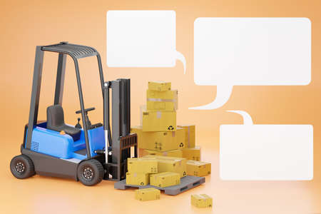 Forklift trucks with a cardboard box on a pallet and blank text box. Cargo in a warehouse to prepare...