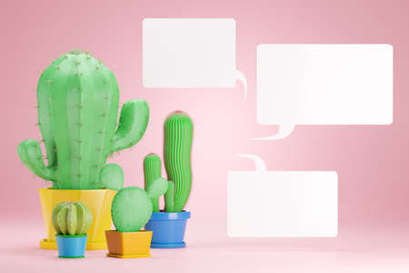 Four cactus plants are placed in a pink background on the left and have a white blank text box on...