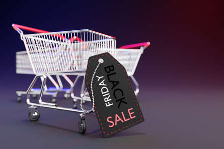 Black price tag is leaning against a shopping cart in a dark background. Concept of shopping season on weekends of November every year. Closeup and copy space on the right. 3D rendering illustration.の写真素材