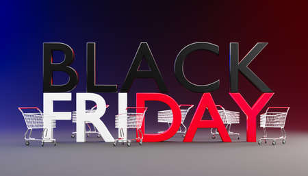 The word Black Friday is large on a dark background and has a shopping cart parked around it. Concept of shopping season on weekends of November every year. 3D rendering illustration.の写真素材