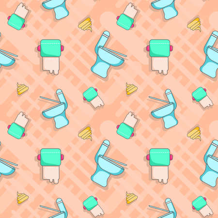 The pattern seamless background of the toilet accessory consists of a flush toilet, tissue, and feces. It is a cute or  vector illustration cartoon style. The concept of excretory health.のイラスト素材