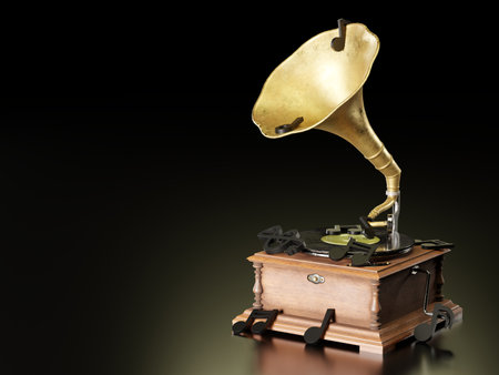 Old antique Gramophone or Phonograph and black music notes in dark black background. It's a popular mythical music player. It works by wind up. The concept of music and aesthetics. 3D illustration.の写真素材