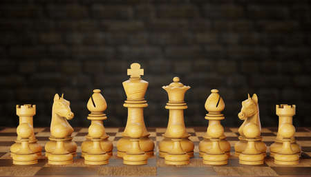 A set of bright wooden chess pieces placed on a chessboard in a brick wall background. The concept...