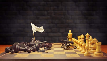 Dark chess raises a white flag in surrender to bright chess on a chessboard and smoke floating in the air and dark brick background. The concept of business loss and bankruptcy. 3D illustration.の写真素材