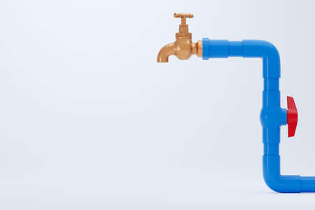 Brass faucet and blue PVC water pipe on white background. Closeup and copy space for text or article on the left. The concept of plumber maintenance work. 3D illustration rendering.の写真素材