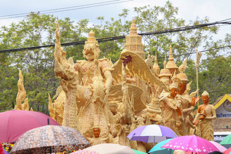 Ubon Ratchathani,THAILAN D - July 12   Line Thai art of Candle Festival ,Thai art Candle wax, on July 12, 2014, Ubon Ratchathani, Thailandのeditorial素材