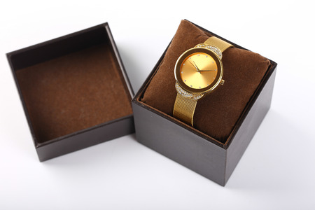 Luxury watch in box isolated on white background.の写真素材