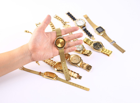 Bangkok Thailand - June 22, 2558 Hand hold a lot of luxury watches at Bangkok fair Thailand on June 22, 2015のeditorial素材