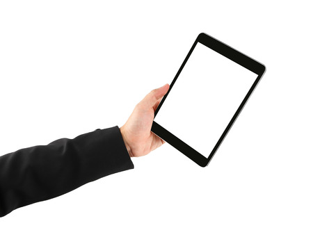 Hand holding smartphone on a white background.の写真素材