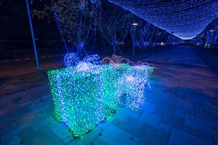 Blue led lights on tree branches as a backgroundの写真素材