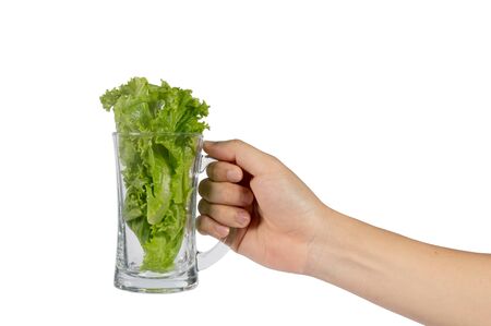 lettuce green in glass water in a hand isolated   on white background.の写真素材
