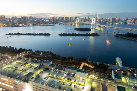 Tokyo, JAPAN - November 19 ,2017 : See night cityscape from Fuji TV Building at Odaiba in sunset.のeditorial素材