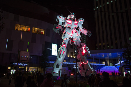 Tokyo, JAPAN - November 19 ,2017 : Gundam robot with night light at Odaiba.のeditorial素材