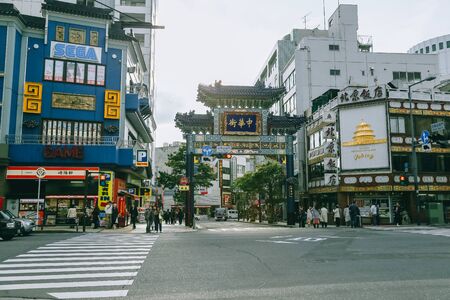 Yokohama, Japan - November 20, 2018 : Tourists are walking, shopping and eating in Chinatown at YOKOHAMA, JAPAN. Cinema tone concept.のeditorial素材