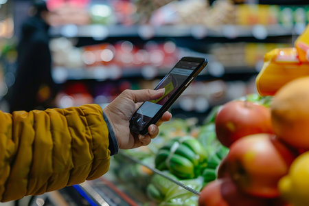 Close up of man hand using mobile phone while shopping in grocery store. Ai generative.の素材