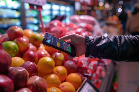 Hand hold mobile scan supermarket. Ai Generative.の素材