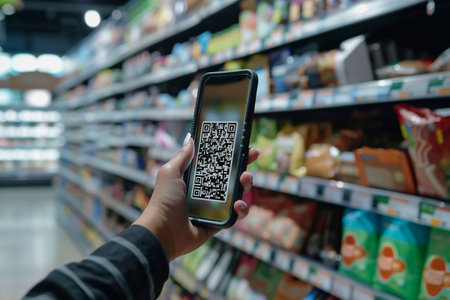 qr code on smartphone screen and blur supermarket background, scan barcode on mobile phone. Ai generative.の素材