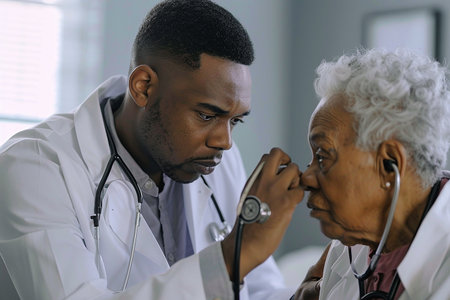 African american male doctor examining senior patient with stethoscope at hospital. Medical healthcare and doctor staff service.の素材