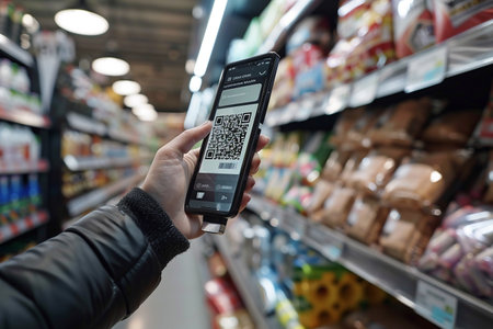 Hand holding mobile phone scanning QR code in supermarket. Scanning QR code on smartphone. Ai generative.の素材