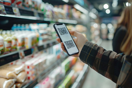 Woman shopping in a grocery store using a smartphone with QR code. Ai generative.の素材