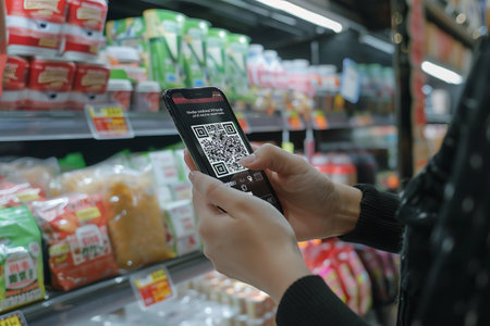 Woman using smart phone to scan QR code in supermarket grocery store. Ai generative.の素材