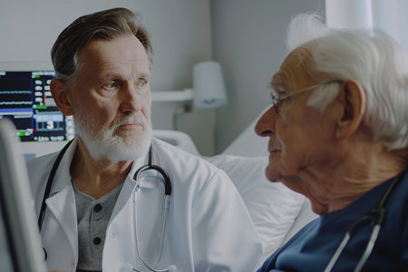 Senior male doctor and patient discussing something while sitting at the table in hospitalの素材