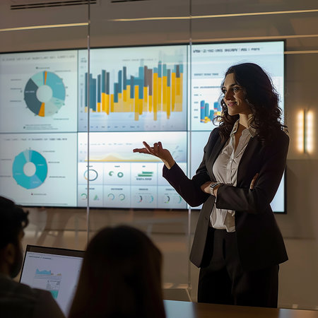 Business woman giving presentation on TV screen.の素材