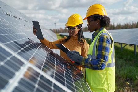 Electrical engineer inspecting solar farm panel system. Ai generative.の素材
