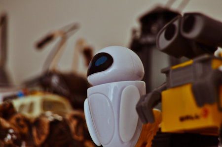 WALL-e toys shot in natural light standing on shelf