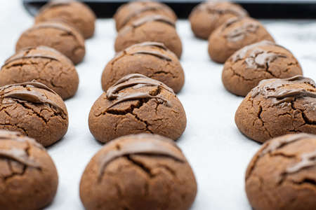 Homemade delicious brown cookies covered with chocolate on a baking tray on parchment paper. Photos...