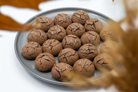 Delicious, homemade chocolate-covered brown cookies on a plate. Photos with an isolated white...