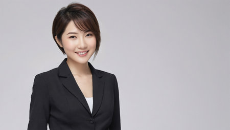 Professional portrait of a young Japanese businesswoman in her 20s wearing a black jacket and white blouse. Studio shot with white background, perfect for corporate and business materials.の素材
