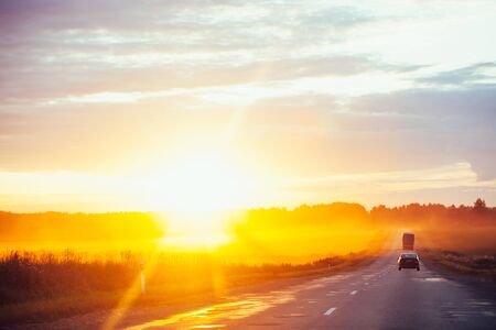 Beautiful sunset over the roadの写真素材